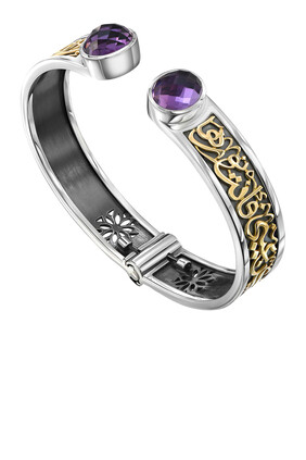 Calligraphy Bangle, 18k Yellow Gold & Sterling SIlver with Amethyst